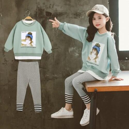 2021 Spring Autumn Girl Clothes Print Long-Sleeve T-Shirt + Stripe Pants Legging Suit Children Clothing Sets Kid Tracksuit