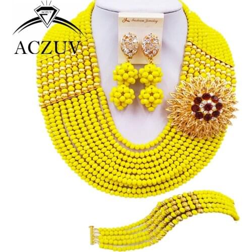 ACZUV 10 Rows Opaque Yellow African Wedding Beads Nigerian Jewelry Set Bridal Jewelry Sets 10LBJZ013