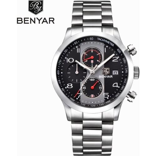 BENYAR casual fashion brand mens sports watch stainless steel chronograph quartz watch waterproof black mens watch watch