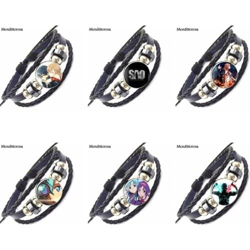 Hot Sale Glass Cabochon Black Leather Bracelet Bangle For Women Choker Sword Art Online Manga Kirigaya Kazuto Asuna