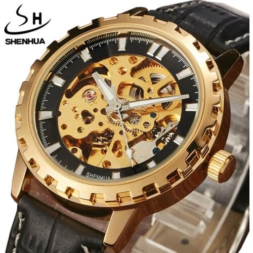 SHENHUA Luxury brand Fashion Sports mechanical watches Mens Leather hand wind Mechanical WristWatches Men Relogio Masculino