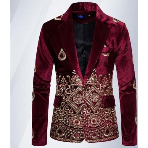 Floral Embroidery Wedding Suits For Men Luxury Wine Velvet Formal Slim Fit Single Button Mens Party Clothes Business Suit Jacket