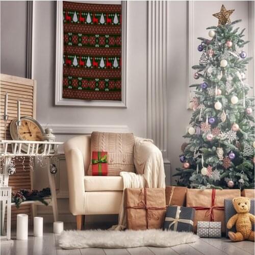 Tapestry Knitted Christmas Pattern of Small Trees Reindeers Floral Traditional Folk Art Printed Green Red White