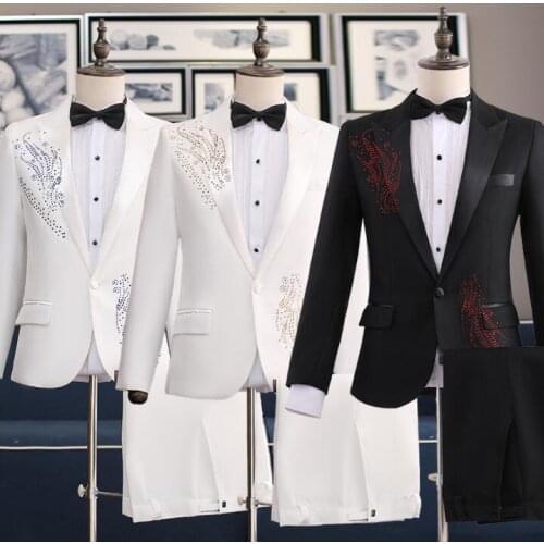 Singer star style dance stage Hot drilling clothing men groom suit set with pants 2020 mens wedding suits man formal dress tie