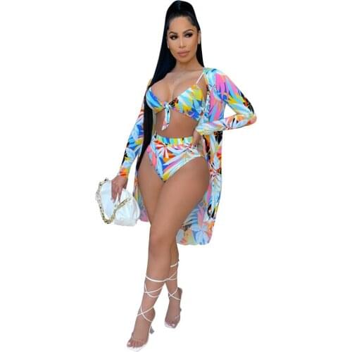 Summer Bohemian Sexy Three Pieces Set Outfits Hollow Out Printed Sling Crop Top Beachwear Bikini