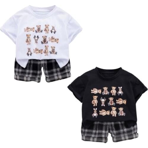 2021 Summer Boys Clothes Cartoon Bear T-shirt Print Short-sleeved Top+Casual Plaid Shorts Children Clothing Outfits