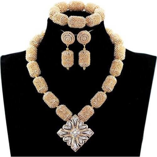 Trendy African Jewelry Set 20inches Gold bead Set African Beads Jewelry Nigerian Wedding Party Bridal Jewelry Set Free Shipping