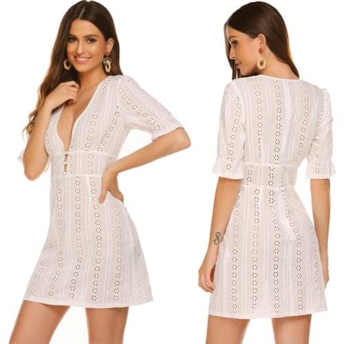 New 2021 Fashion Dress Womens Half Sleeve Mini Dress V-neck Hollow Out Casual Solid Cotton Party Dresses for women white dress