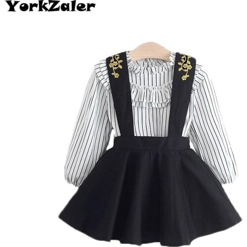 Autumn Clothing Set Girls Clothes Striped Shirt + Black Overall Skirt Children 2 pcs Girls Clothing Suits Drop Shipping