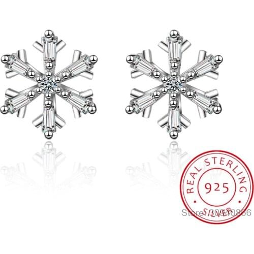 Luxury Female Small Snowflake Earrings 100% Real Sterling Silver Stud Earrings Fashion Crystal Stone Earrings For Women