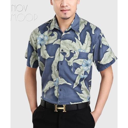 Summer men 100% natural silk shirts short sleeve leaves print blue beach holiday shirt chemise homm camiseta masculina LT2251