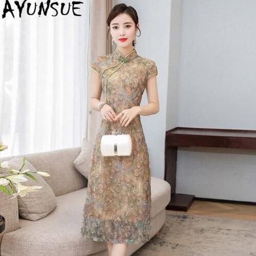 2020 Spring Summer Women Dress Elegant Vintage Yellow Dress Cheongsam Bodycon Long Dresses for Women Vestido YMNRJ6738 KJ4813