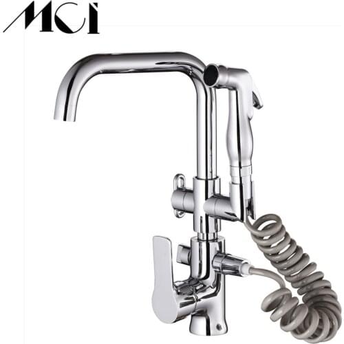 Pull out Side Sprayer Dual Spout Single Handle Mixer Hot And Cold Deck Mounted Kitchen Faucets Sink Faucet 360 Rotation Taps