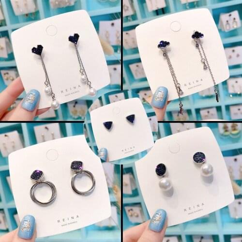 South Koreas Dongdaemun Wild Fashion Earrings Temperament Blue Gem Temperament Ear Stud s925 Silver Needle Fresh Love Earrings