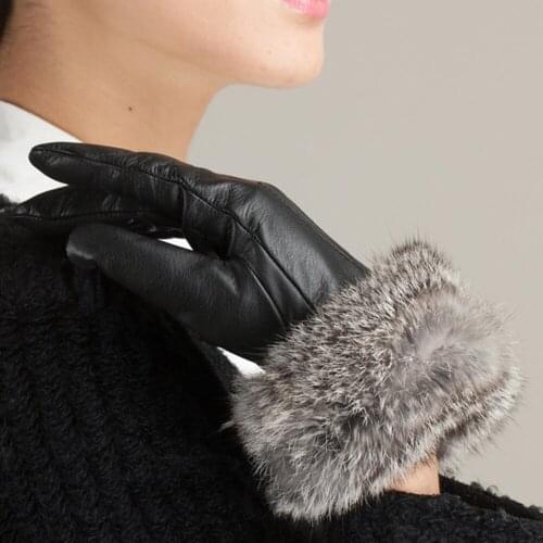 Womens Genuine Sheepskin Leather Rex Rabbit Gloves Windproof Thermal Elasticity Warm Winter Mittens High-end S2157