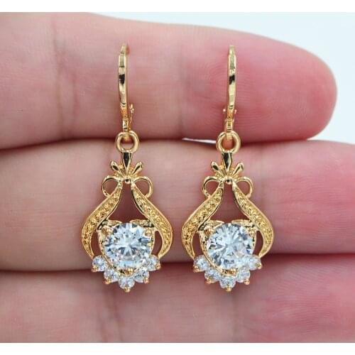 AAA+ Cubic Zirconia Gold Color Women Fashion Clear White CZ Palace Flower Dangle Earrings Jewelry