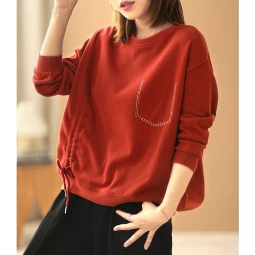 2021 New Arrival Spring/autumn Women Loose Casual Long Sleeve O-neck Pullover Drawstring Design Cotton Embroidery Hoodies W611