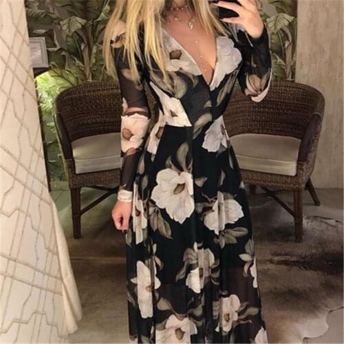 Womens Sexy V-Neck Long Sleeve Floral Print Long Maxi Dress Evening Party Club Chiffon Beach Sundress