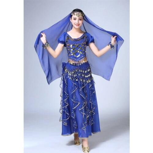 Women Belly dance adult India bellydance Chiffon Bollywood 5pcs ( top + skirt + waist chain + coin veil + bracelet ) Performance