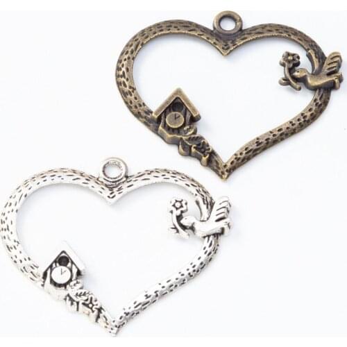 50pcs 34*40MM vintage silver color antique bronze bird house heart charms pendants for bracelet earring diy jewelry making