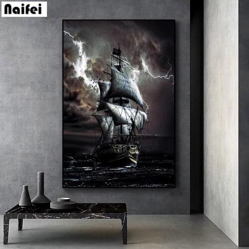 DIY Diamond Painting Vintage Black Sailboat Cross Stitch Full Diamond Embroidery Pirate Ship At Sea Rhinestone Mosaic Home Decor