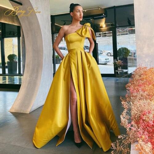 Berylove A line Prom Dress One shoulder Bow Long Party Dresses Side Slit Evening Dresses Party Gown robe de soirée de mariage