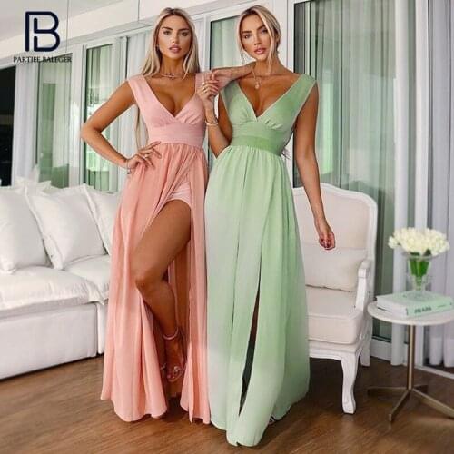 PB Trendy Ruffles Design Bandage Maxi Long Dress Sexy V Neck Backless Celebrity Party Club Vestido Free Shipping