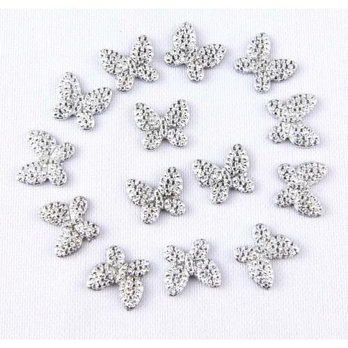 BOLIAO New 40Pcs 15*16mm Silver Shiny Butterfly Resin Flat Back Glue on Bags/Clothes Home Accessories Decoration R411