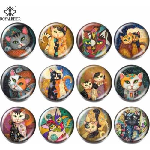 Royalbeier 12pcs/lot Multi-color Egyptian Cat Glass Cabochon Beads 18mm Colorful Snap Button Charm Bracelet Women Jewelry kg0132