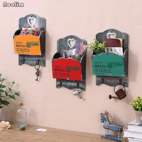 NOOLIM Retro Wooden Organizer Wall Hanging Box Key Hooks Flower Pot Mailbox Home Furnishing Decoration Letter Box