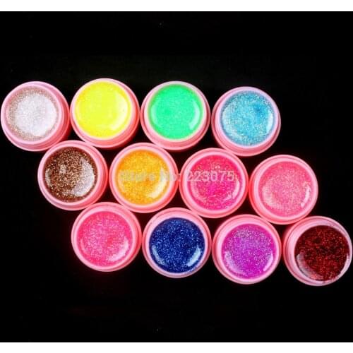 DIY 12 PCS Glitter Mix Color UV Builder Gel Set for Nail Art Tips white POT