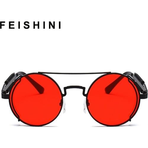 FEISHIN 2021 Metal Steampunk Sunglasses Women Round Retro Fashion Mirror Glasses Brand Designer Frame Vintage Sunglasses Men Red