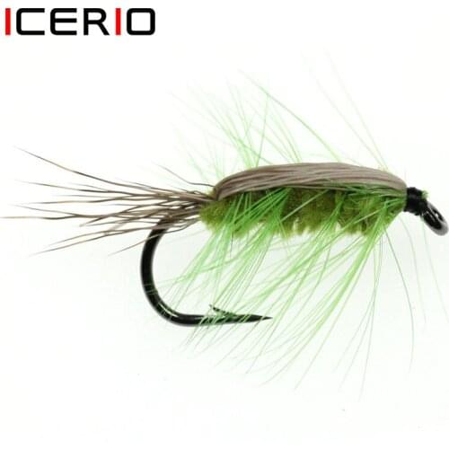 ICERIO 8PCS Green Body Woolly Worm Brown Caddis Nymph Fly Deer Hair Beetle Trout Fly Fishing fly Bait #6