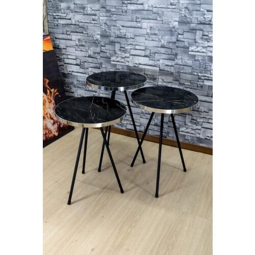 Zigon Coffee Table 3'lü Black Metal Foot Silver Black Bendir