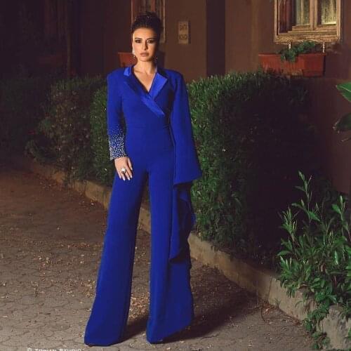 Royal Blue Jumpsuits Formal Evening Dress Pearls Beaded Long Sleeve Pants V Neck Special Occasion Gowns Prom Party Wear