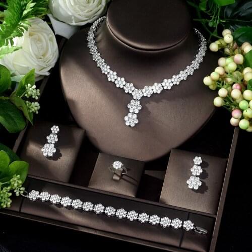 HIBRIDE Flower Design Dubai Bridal Dress Accessories Ring Bracelets Earrings Necklace Set Jewelry Sets for Women Wedding N-1043