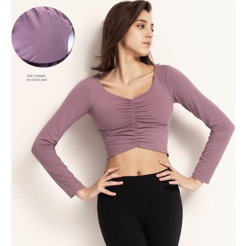 Round Necktie Chest Pad Yoga Clothes Sexy Tight Navel Running Fitness Sports Workout Shirts Long-Sleeved Top Women