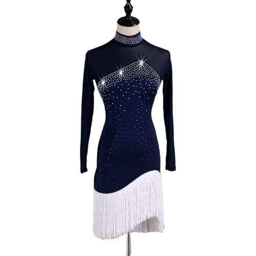 High Neck Sexy Latin Dance Dress Women Shiny Rhinestones White Fringed Skirt Latin Costume Female Festival Dress For Dance New