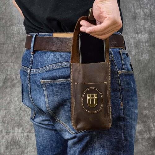 Luufan Mens Crazy Horse Leather Waist Bag Double Layer Waist Pack For Phone Brown Cow Leather Male Belt Pack buckle Flap Bag