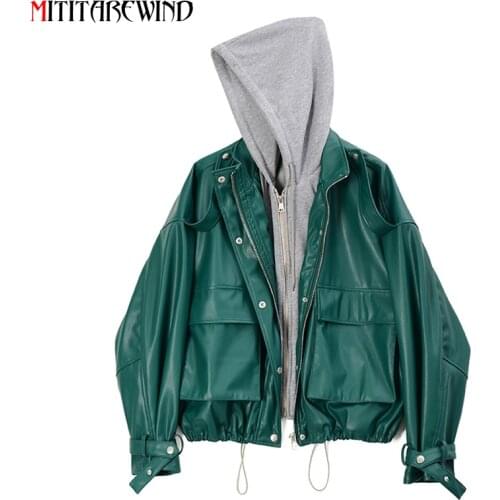 2021 New Fake Two-piece PU Leather Jacket Women Oversized Casual Loose Hooded Leather Coat Drawstring Contrast Color Jacket