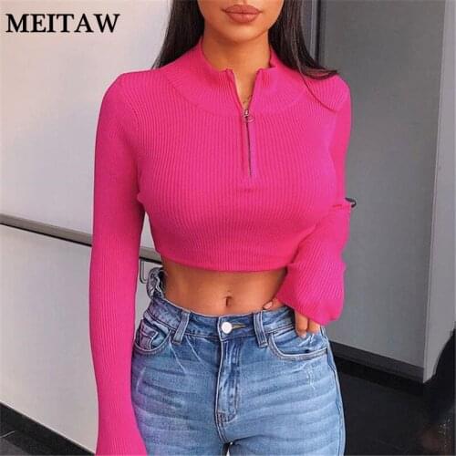 New Autumn Winter Women Harajuku Bodycon T-shirts 2019 Sexy Long Sleeve Zipper Crop Tops Casual Basic Club Party T-shirt