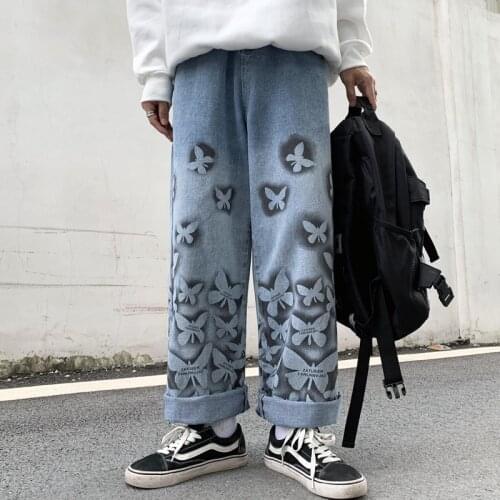 New Jeans for Women Vintage Washed Jeans Cartoon Butterfly Print Jeans Harajuku Man Jeans Loose High Waist Wide Leg Pants Cotton