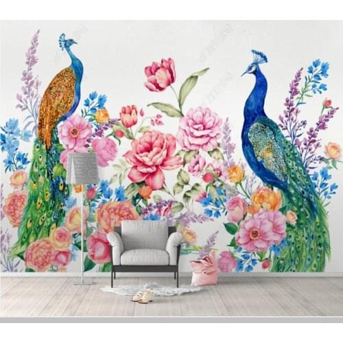 Papel de parede watercolor peacock flowers and birds 3d wallpaper,living room bedroom wall papers home decor restaurant mural