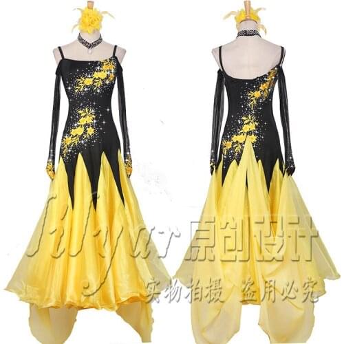 Yellow ballroom dance dress women rumba dance costumes sequins waltz dress foxtrot dress dance wear
