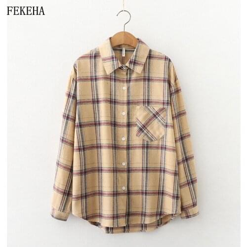 Plaid Shirts Women Blouses Loose Lady Tops Long Sleeve Checked Boyfriend College Style Female Clothes Autumn New Arrivals