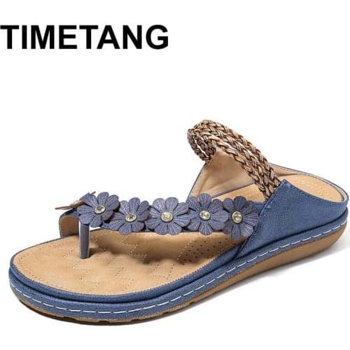 TIMETANG 2020 summer flat sandals for women 3 colors flowers multicolor sandals PU leather retro floral thongs women slipper