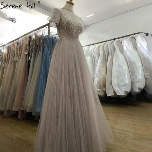 Serene Hill Lilac A-Line Sexy Evening Dresses Gowns 2021 Beaded Short Sleeves For Women Wedding Party LA71147