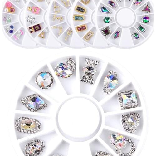 Mix 12 Shapes Colorful White AB Glitter Glass Diamond Alloy Nail Art Rhinestones Various Jewel Ornament Manicure DIY Wheel
