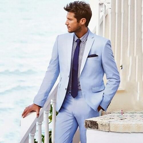 2019Light Blue Suit Men Casual Beach Wedding Suits For Men Custom Groom Best Man Ternos 2 Pieces Men Suits With Pants Prom Suits