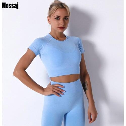 Nessaj Solid Color Vital Seamless Fitness Shirt Women Fitness Short Sleeve Top Workout Tops Gym Clothes Sports Wear Running T-s
